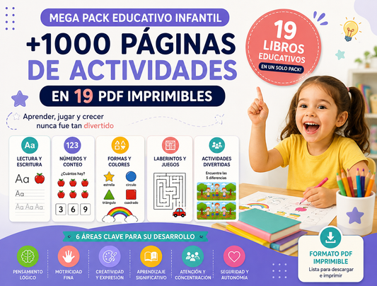 Mega Pack Educativo Infantil 3-6 años + de 1.000 Páginas de Actividades en 19 PDF Imprimibles.